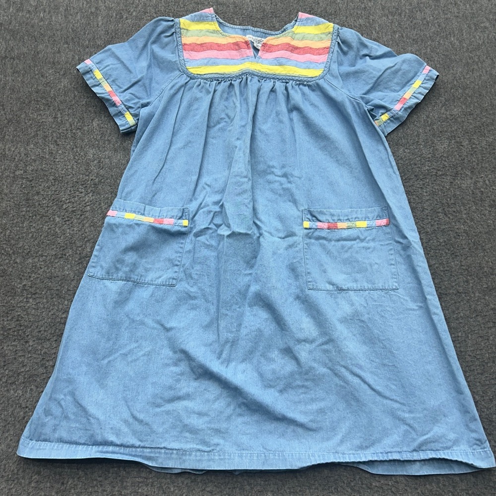 Go Softly Patio Women's Short Sleeve Mumu Midi Dress Rainbow Striped Chambray PL